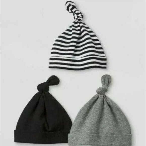 NEW Cloud Island 3 Pack Baby Hats Black, Gray, Stripes.  NB-0M - Picture 1 of 1